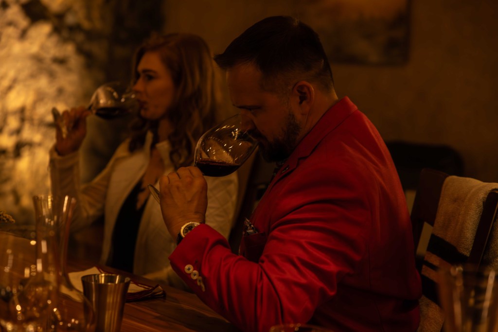 Mallory Patorno and James Taylor trying TLD Wines at their first tasting